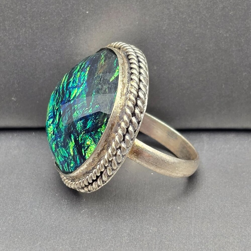 925 Sterling Silver Plated Faux Opal Ring Size 9.5 Bezel Setting Fine Jewelry - Picture 2 of 13